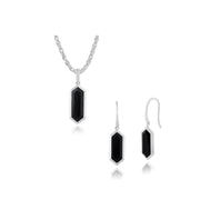 Pendentif et Boucles d'Oreilles Pendantes Géométrique Argent 925 Onyx Noire Prisme Hexagonal