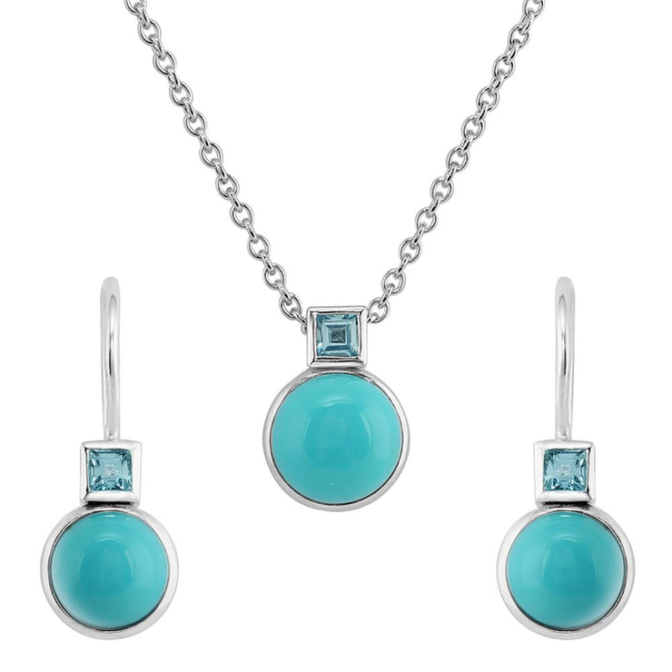Collier et Boucles d'Oreilles Classique Argent 925 Turquoise Ronde et Topaze Carrée