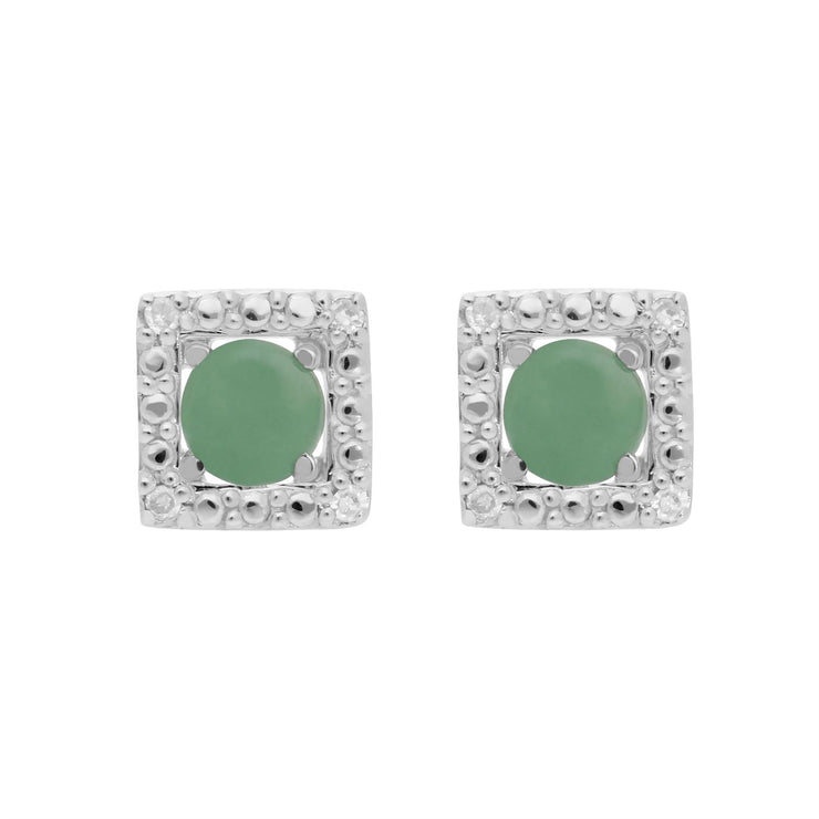 Boucles d'Oreilles Clou Jade Classique Or Blanc 375 et Ear-Jacket Carré Diamant