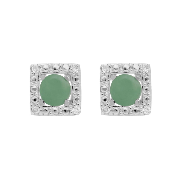 Boucles d'Oreilles Clou Jade Classique Or Blanc 375 et Ear-Jacket Carré Diamant