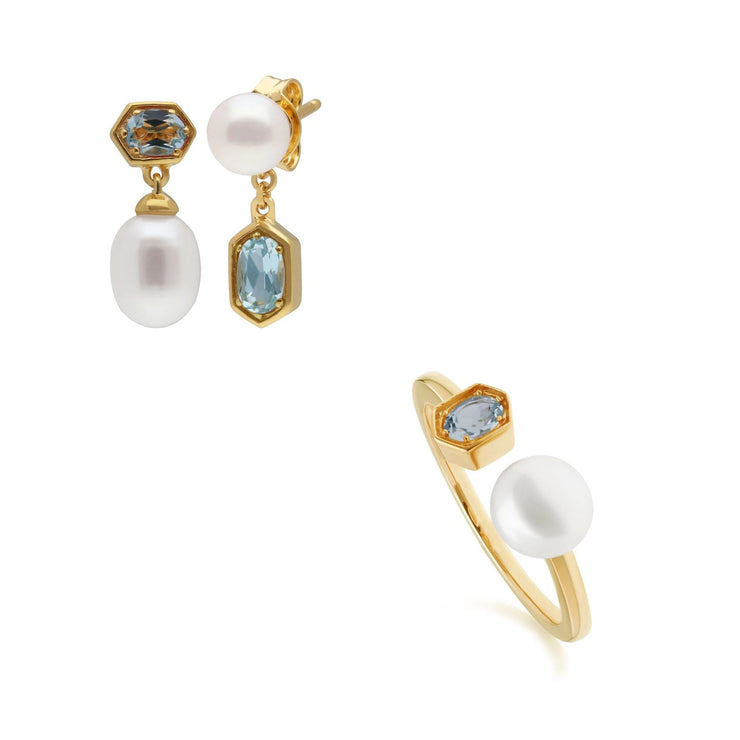 Bague et Boucles d'Oreilles Perle Moderne Argent 925 Plaqué Or Topaze Bleue et Perle