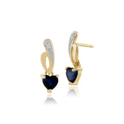 Boucles d'Oreilles Coeur Pendantes Classique Or Jaune 375 Saphir Bleu Clair et Diamant