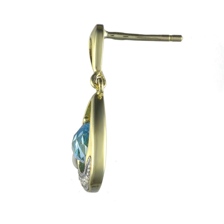 Pendentif et Boucles d'Oreilles Pendantes Style Art Nouveau Or Jaune 375 Topaze Bleue et Diamant