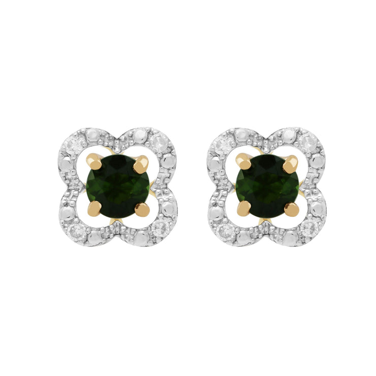 Boucles d'Oreilles Clou Tourmaline Verte Classique Or Jaune 375 et Ear-Jacket Fleur Diamant