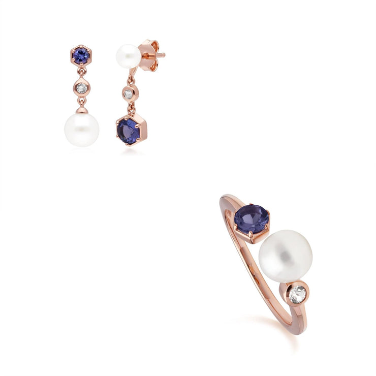Bague et Boucles d'Oreilles Perle Moderne Argent 925 Or Rose Tanzanite, Topaze et Perle