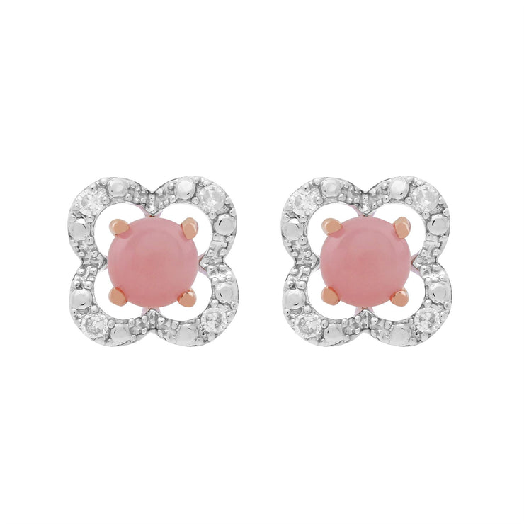 Boucles d'Oreilles Clou Opale Rose Classique Or Rose 375 et Ear-Jacket Fleur Diamant