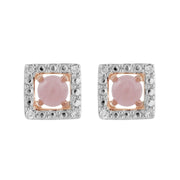 Boucles d'Oreilles Clou Quartz Rose Classique Or Rose 375 et Ear-Jacket Carré Diamant