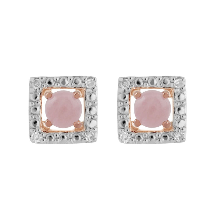 Boucles d'Oreilles Clou Quartz Rose Classique Or Rose 375 et Ear-Jacket Carré Diamant