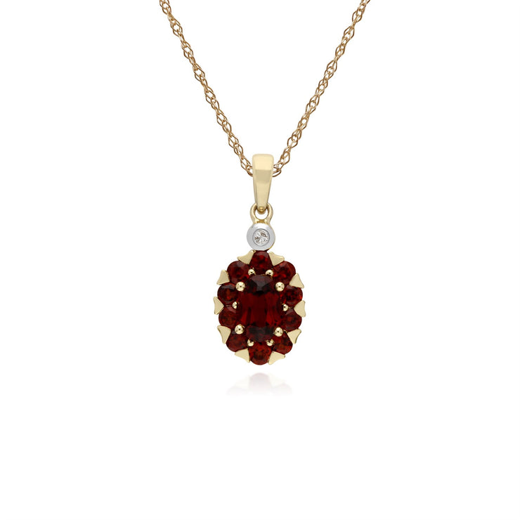 s 9 Ct or Jaune Rond Grenat et Diamant Ovale Serti Pendentif sur 45cm Chaîne