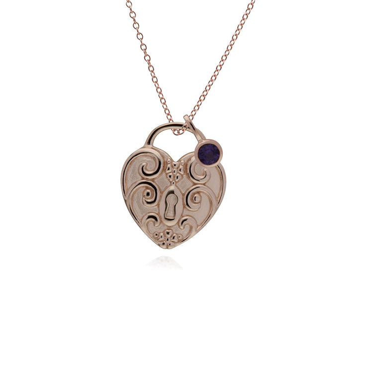 Pendentif Classique Cadenas Cœur Torsadé Argent 925 Plaqué Or Rose et Charms Améthyste