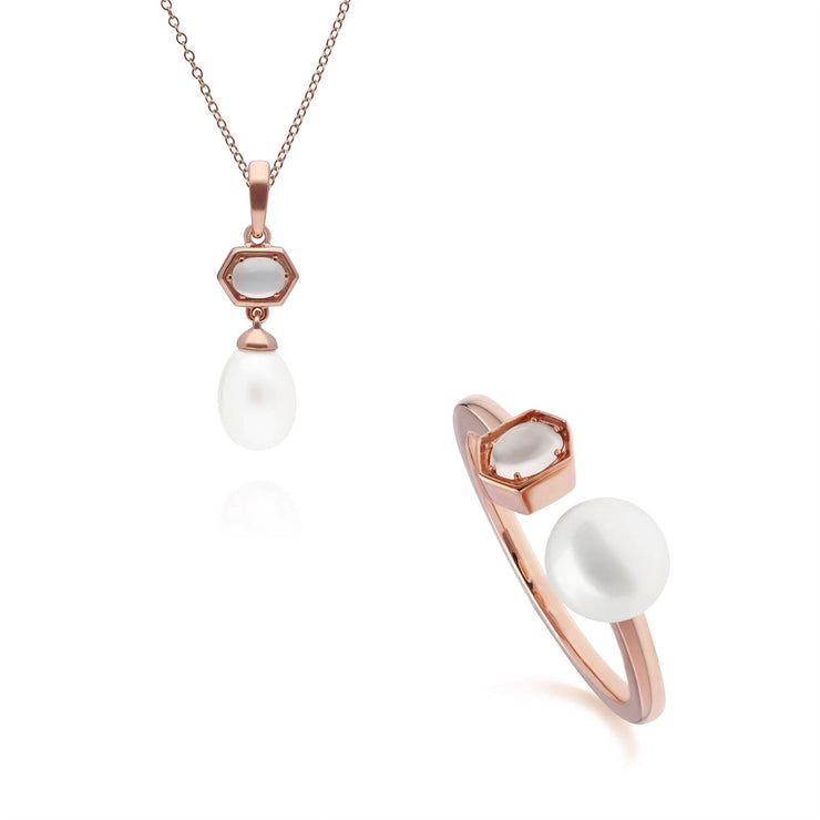 Bague et Pendentif Perle Moderne Argent 925 Plaqué Or Rose Opale et Perle