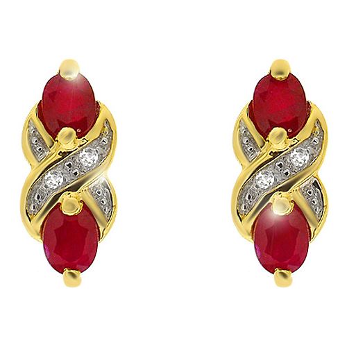 Boucles d'Oreilles Clou Style Art Nouveau Or Jaune 375 Rubis et Diamant