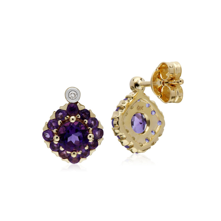 s 9 CT or Jaune Améthyste & Diamant Carré Grappe Boucles D'Oreilles Clous