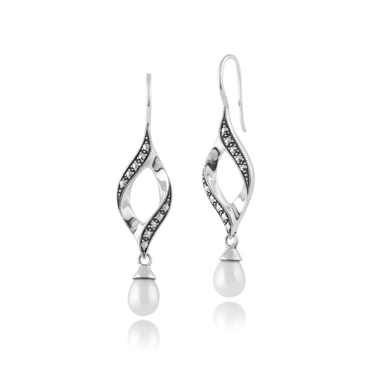 Boucles d'Oreilles Pendantes Style Art Nouveau  Argent 925 Perle de Culture et Marcassite