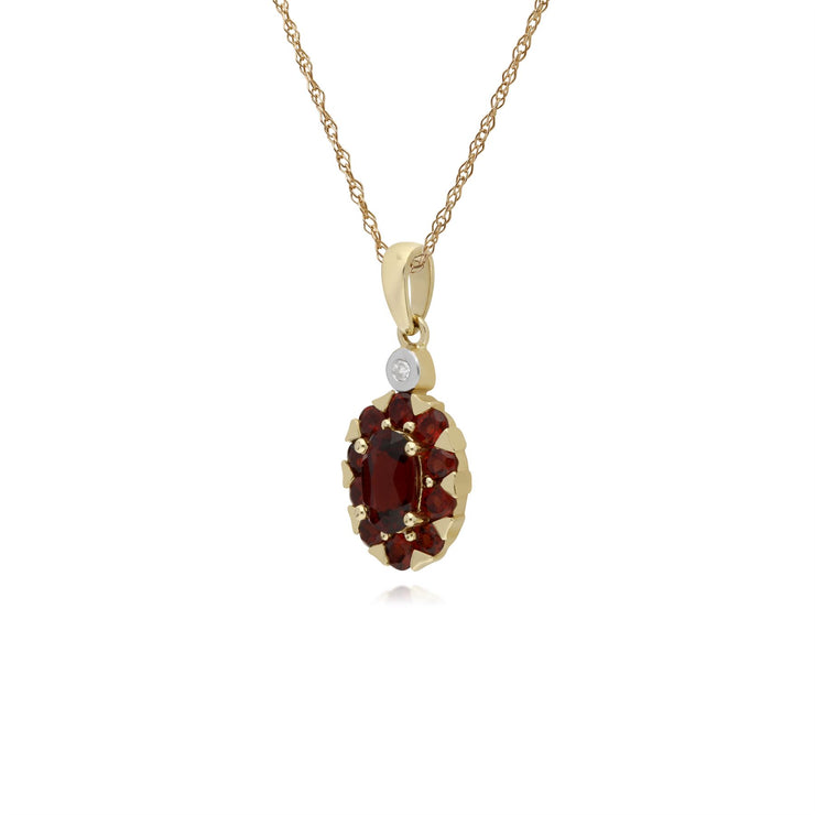 s 9 Ct or Jaune Rond Grenat et Diamant Ovale Serti Pendentif sur 45cm Chaîne