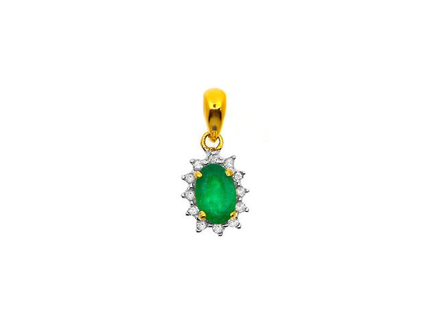 Pendentif et Boucles d'Oreilles Clou Oval Classique Or Jaune 375 Emeraude et Diamant Halo