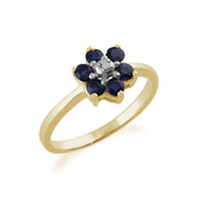 JAUNE 9 Ct Or 0.55CT naturel SAPHIR BLEU & Diamant floral Bague grappe