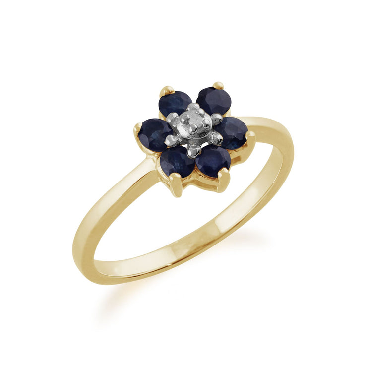 JAUNE 9 Ct Or 0.55CT naturel SAPHIR BLEU & Diamant floral Bague grappe