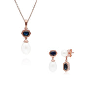 Boucles d'Oreilles et Pendentif Perle Moderne Argent 925 Plaqué Or Rose Perle et Saphir