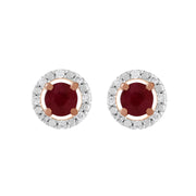 Boucles d'Oreilles Clou Rubis Classique Or Rose 375 et Ear-Jacket Rond Diamant