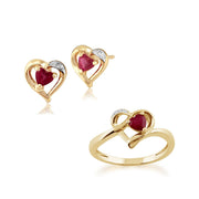 Boucles d'Oreilles Clou et Bague Classique Cœur or Jaune 375 Rubis Rond et Diamant