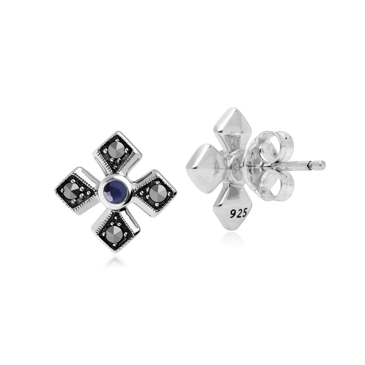 Boucles d'Oreilles Clou Croix Gothique Style Art Déco Argent 925 Saphir et Marcassite