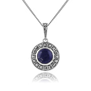 Pendentif Style Art Déco Argent 925 Lapis Lazuli Cabochon Rond et Marcassite