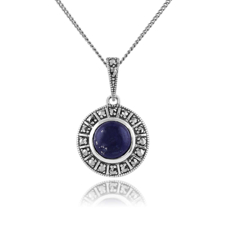 Pendentif Style Art Déco Argent 925 Lapis Lazuli Cabochon Rond et Marcassite