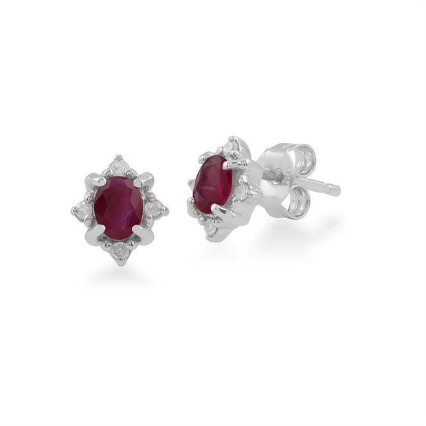 Boucles d'Oreilles Clou Classique Or Blanc 375 Rubis Oval et Diamant Style Cluster