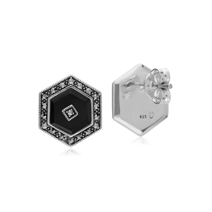 s Argent Sterling Noir Onyx et Marcassite Hexagone Boucles D'Oreilles