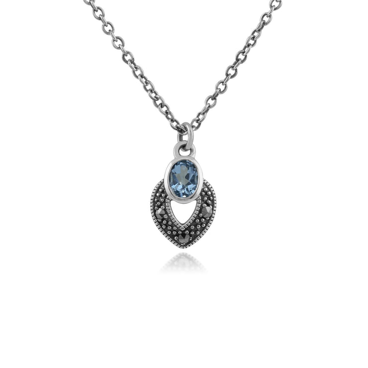 Collier Style Art Déco Argent 925 Aigue-Marine Oval et Marcassite