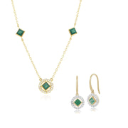 Collier et Boucles d'Oreilles Pendantes Carrée Géométrique Or Jaune 375 Emeraude et Diamant