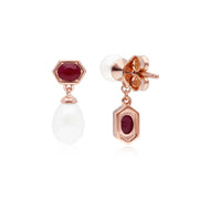 Boucles d'Oreilles Asymétrique Perle Moderne Argent 925 Plaqué Or Rose Perle et Rubis