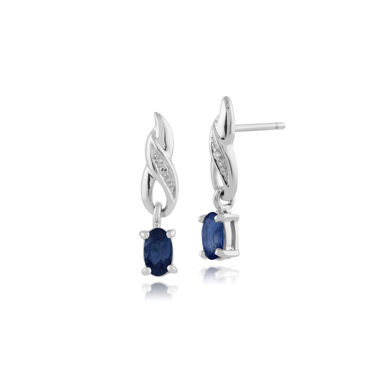 Boucles d'Oreilles Pendantes Classique Or Blanc 375 Saphir Oval et Diamant