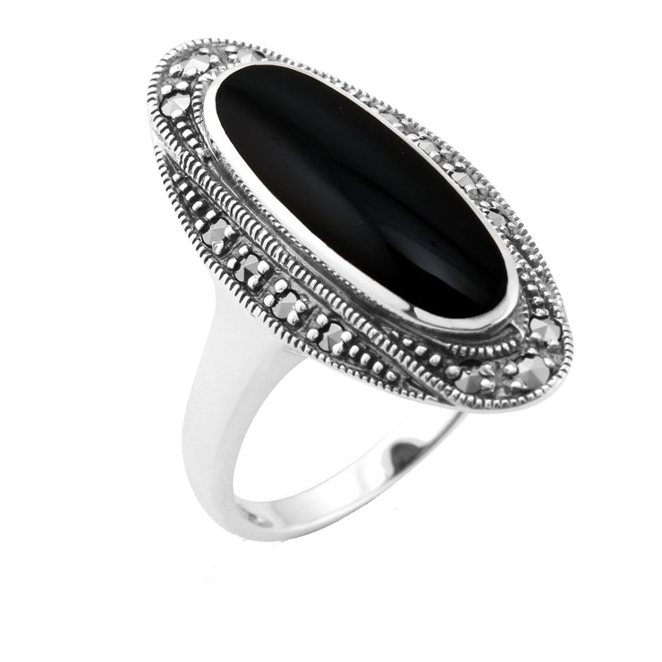 Bague Style Art Déco Argent 925 avec Onyx Noire Cabochon et Marcassite