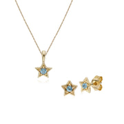 Pendentif et Boucles d'Oreilles Etoile Contemporaine Or Jaune 375 Topaze Bleue