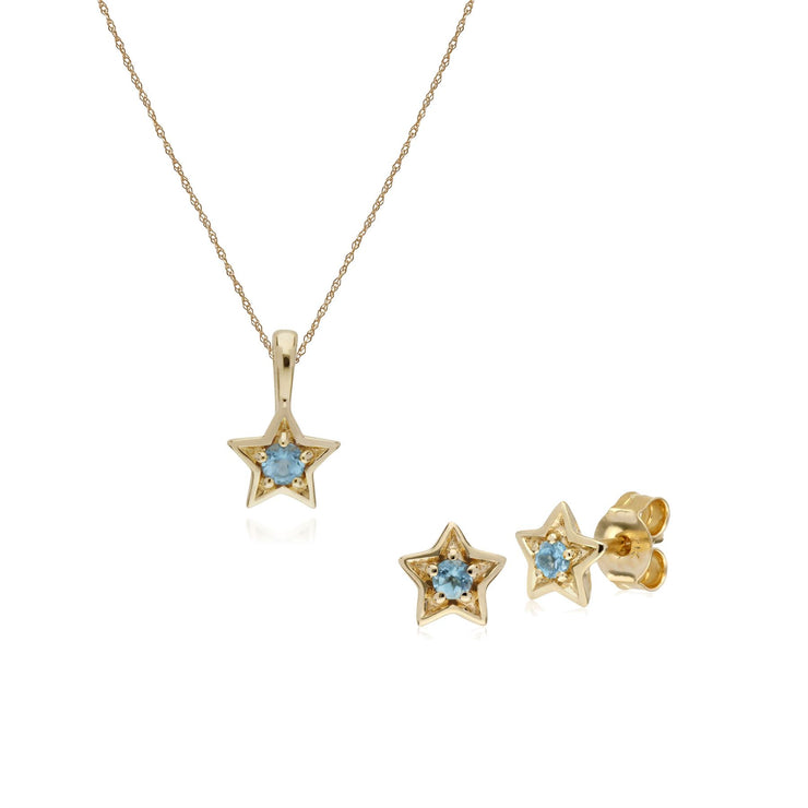 Pendentif et Boucles d'Oreilles Etoile Contemporaine Or Jaune 375 Topaze Bleue