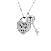 Pendentif Classique Cadenas Cœur Torsadé Argent 925 et Charms Grande Clé Améthyste