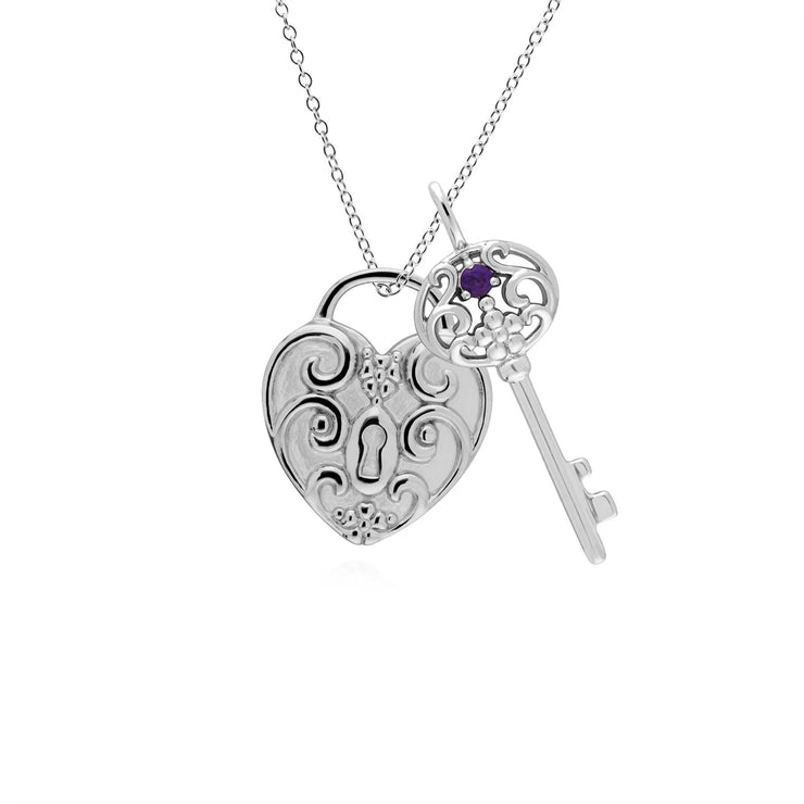 Pendentif Classique Cadenas Cœur Torsadé Argent 925 et Charms Grande Clé Améthyste