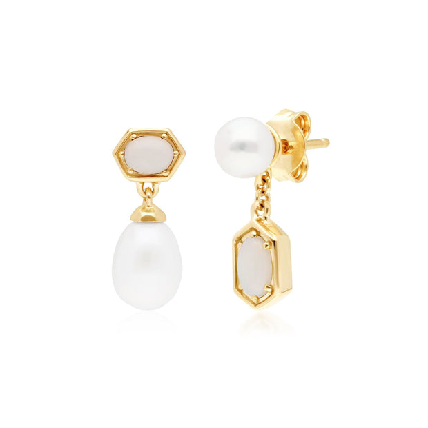 Boucles d'Oreilles Pendantes Asymétrique Perle Moderne Argent 925 Plaqué Or Perle et Opale