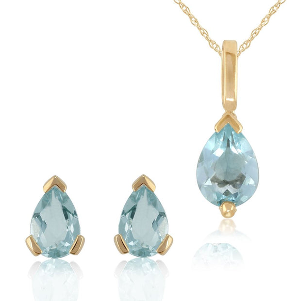 Pendentif et Boucles d'Oreilles Clou Classique Or Jaune 375 Aigue-Marine Poire