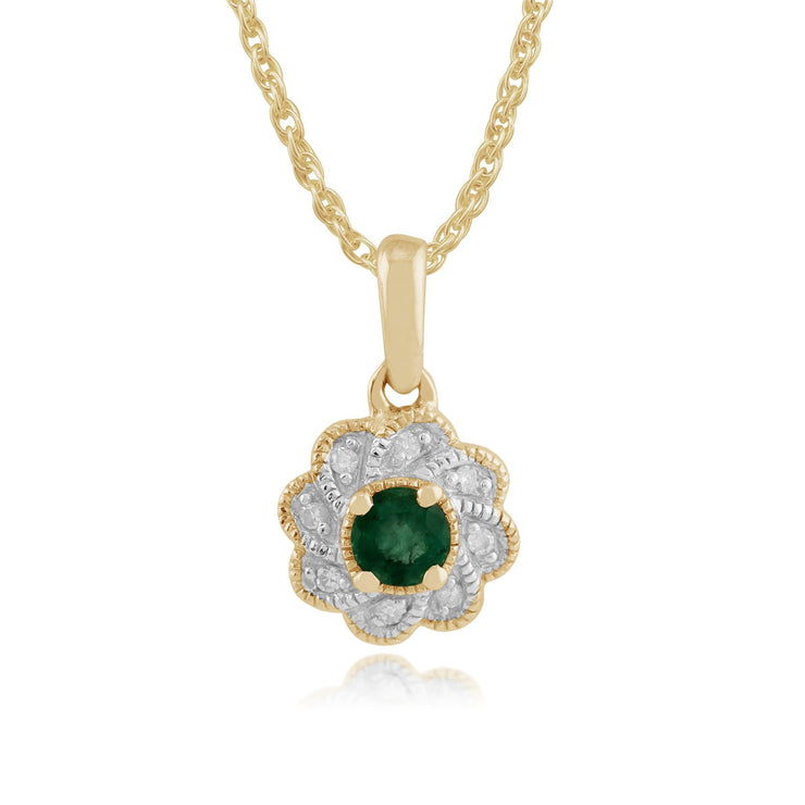 Boucles d'Oreilles Clou et Pendentif Floral Or Jaune 375 Emeraude et Diamant Halo