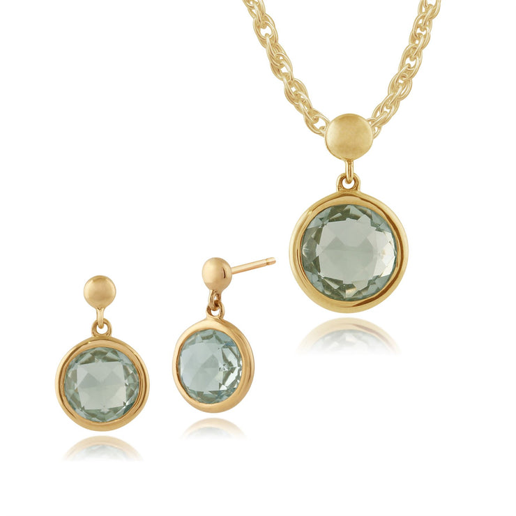 Pendentif et Boucles d'Oreilles Pendantes Classique Or Jaune 375 Quartz Vert Rond serti Clos