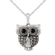 Pendentif et Boucles d'Oreilles Pendantes Chouette Style Art Nouveau Argent 925 Onyx Noir Ronde