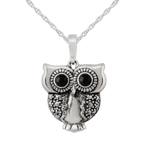 Pendentif et Boucles d'Oreilles Pendantes Chouette Style Art Nouveau Argent 925 Onyx Noir Ronde
