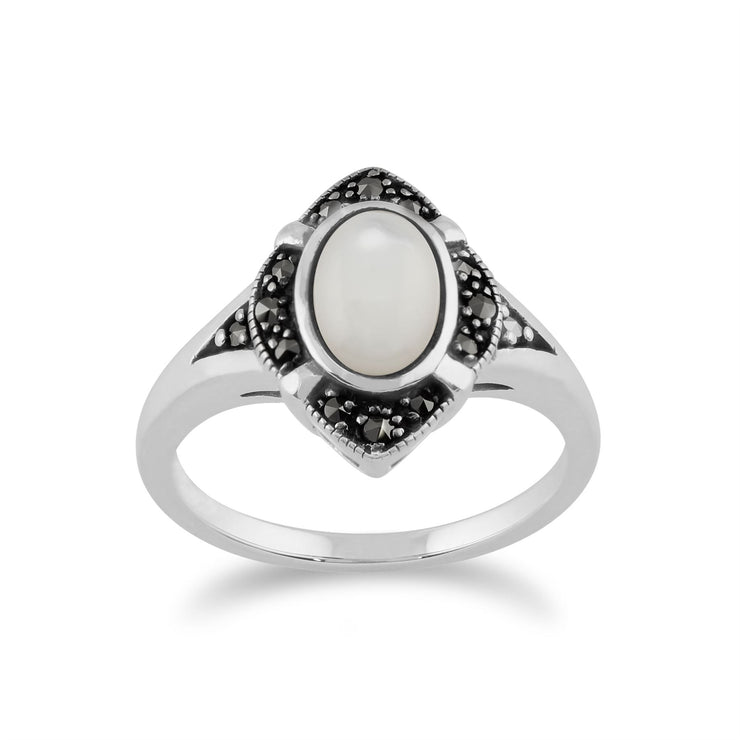 Gemondo Art Déco Bague, en Argent Sterling 925 1.00 Carat Nacre & Marcassite Art Déco Bague