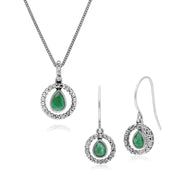 Boucles d'Oreilles Pendantes et Pendentif Classique Argent 925 Emeraude Poire et Marcassite