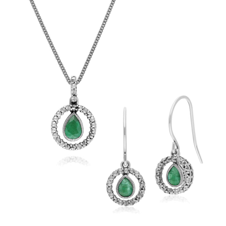 Boucles d'Oreilles Pendantes et Pendentif Classique Argent 925 Emeraude Poire et Marcassite