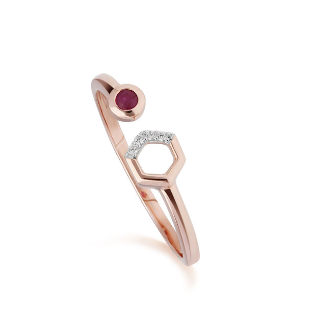 Bague Ouverte Hexagonale Contemporaine Or Rose 375 Rubis et Diamant