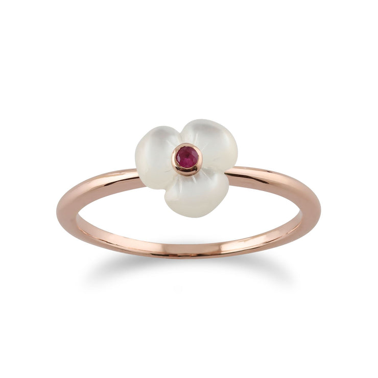 Bague et Boucles d'Oreilles Clou Coquelicot Floral Argent 925 Plaqué Or Rose Rubis Rond et Nacre